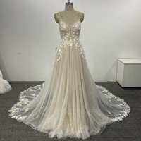 Lsqx139 Robe de mariée bohème scintillante coupe trapèze en dentelle perlée avec dos illusion élégante Vestido De Novia Jancemebr