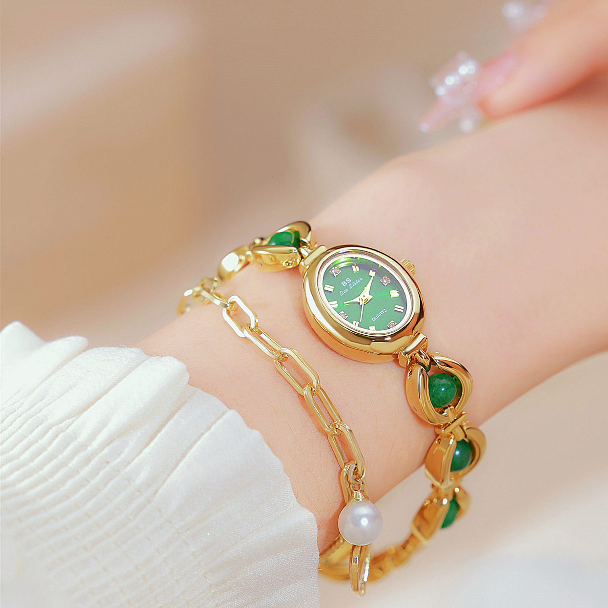 Sku:0357 cute gold watch bracelet with green natural stone inserts+in a gift bag Vintage Gold Watch for women Green Jade Stone Bracelet Watch  main image 4