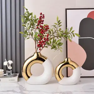 クリエイティブドーナツ型花瓶家の装飾ヨーロピアンスタイルのリビングルームデスクトップアクセサリーラウンドセラミッククラフトガーデンデコレーション