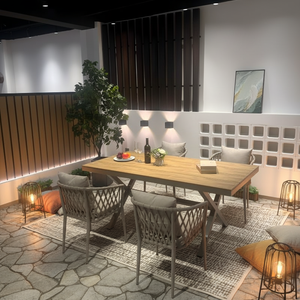 Ensemble <span class=keywords><strong>de</strong></span> table à manger d'extérieur moderne et étanche VANGARDEN pour hôtel, cour, villa, appartement – Mobilier durable en <span class=keywords><strong>plastique</strong></span> et bois - Product Image 1