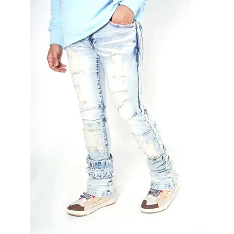 Slim Fit Clothes Biker Custom Denim Distressed Pants Skinny Men Trousers Ripped Blue Jeans