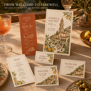 Juego de Invitaciones de Boda Estilo Costa Italiana Vintage, Ilustraciones de Pueblo y Limón, Itinerario Impreso Personalizado y Tarjetas RSVP con Formas Únicas - Product Image 6