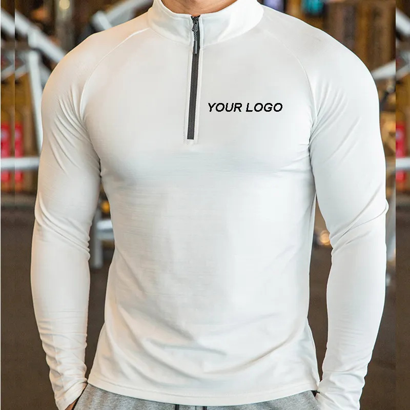 Производство Мужская рубашка с длинными рукавами и 1/4 застежкой-молнией спортивные рубашки для мальчиков gymwear Полиэстер Фитнес-четверти на молнии белые рубашки для мужчин
