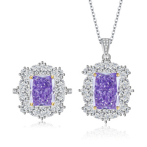 Ensemble Collier et Bague en Zircon Violet 8A de Haute Qualité 10*14MM, Plaqué Or Cuivre, Bijoux Unisexe Tendance pour Mariage et Fête avec CZ Colorés - Product Image 1