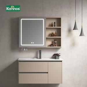 Beige Wall Mounted Bathroom <b>Vanities</b> With Square <b>Led</b> Mirror Cabinet Open Side Shelves and Drawer Storage - Product Image 1
