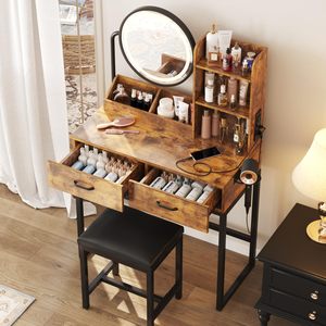 Grande coiffeuse marron avec tiroirs, éclairage LED et prise électrique 3 couleurs, pieds et chaise en métal robustes, pour chambre et dressing - Product Image 3