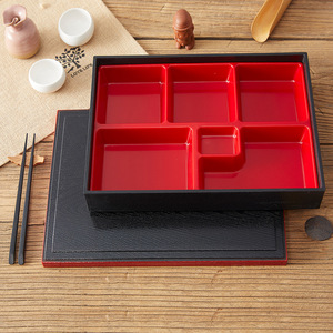 Rectangular Bento <b>Box</b> 6 Compartment Red Interior Wooden Lid <b>Lunch</b> <b>Box</b> For Japanese Meals - Product Image 4
