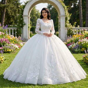 Lscm77 Modern Ball Gown <b>Wedding</b> Dress with Appliques Floor-Length Chapel Train Lace Fabric Built-in Bra- - Product Image 1