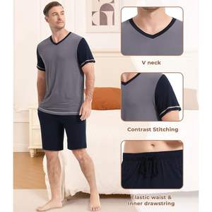Pijamas para hombre de manga corta con cuello en V, ropa de dormir con pantalones cortos, conjunto de ropa de estar transpirable de algodón tejido y fibra de bambú. - Product Image 4