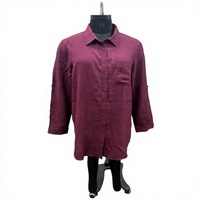 Robe chemise bordeaux à manches trois-quarts avec boutons sur le devant et poches, coupe décontractée mi-longue, couleur unie, en coton tissé