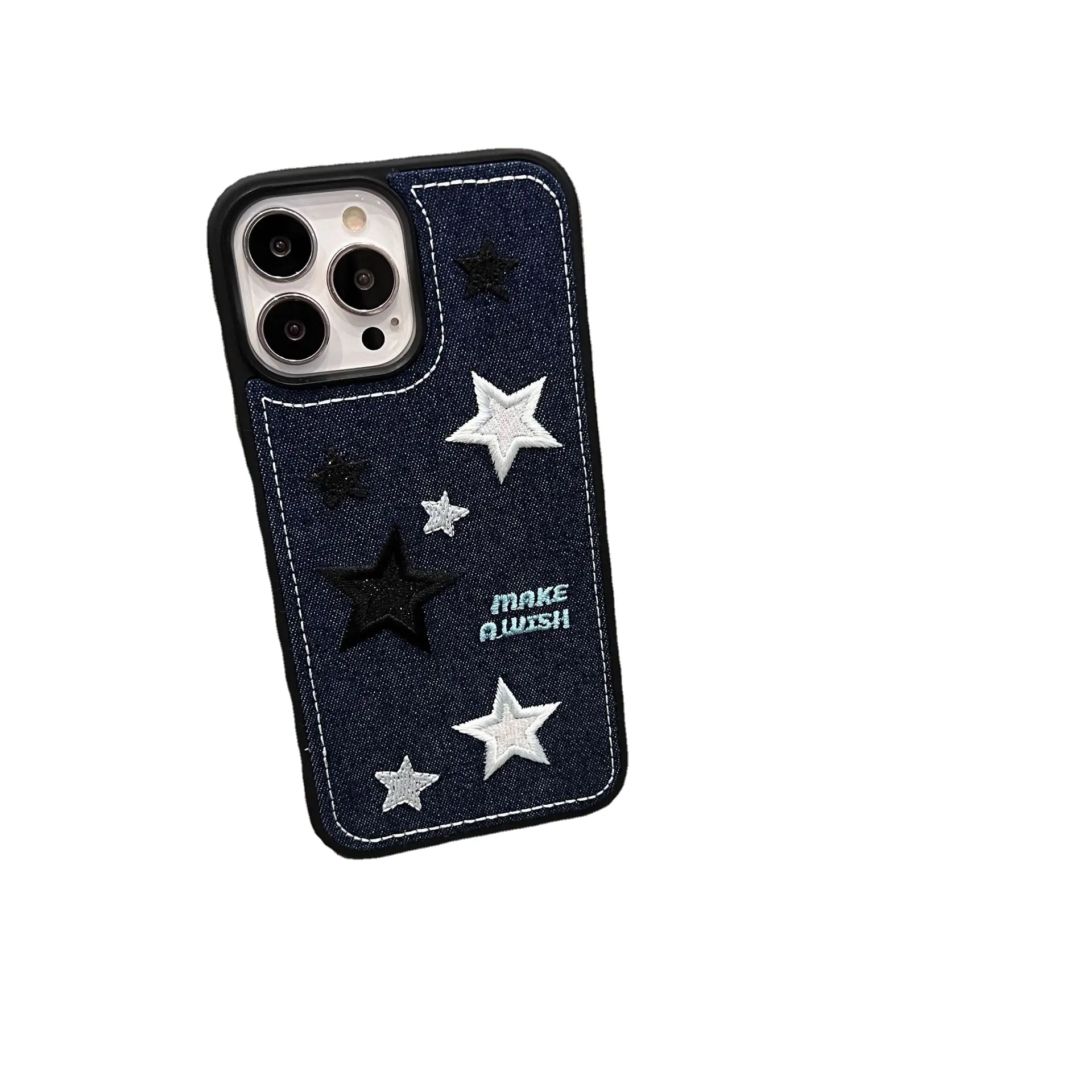 Luxury Simple Jeans Embroidery Pattern Cute Star & Letters With Black Edge Protection Mobile Phone Cases For Iphone 14 13 promax