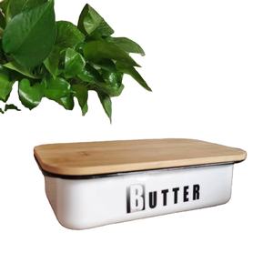 Vaisselle écologique en porcelaine émaillée métal acier plat à beurre couvercle en bambou beau conteneur usage domestique professionnel - Product Image 2