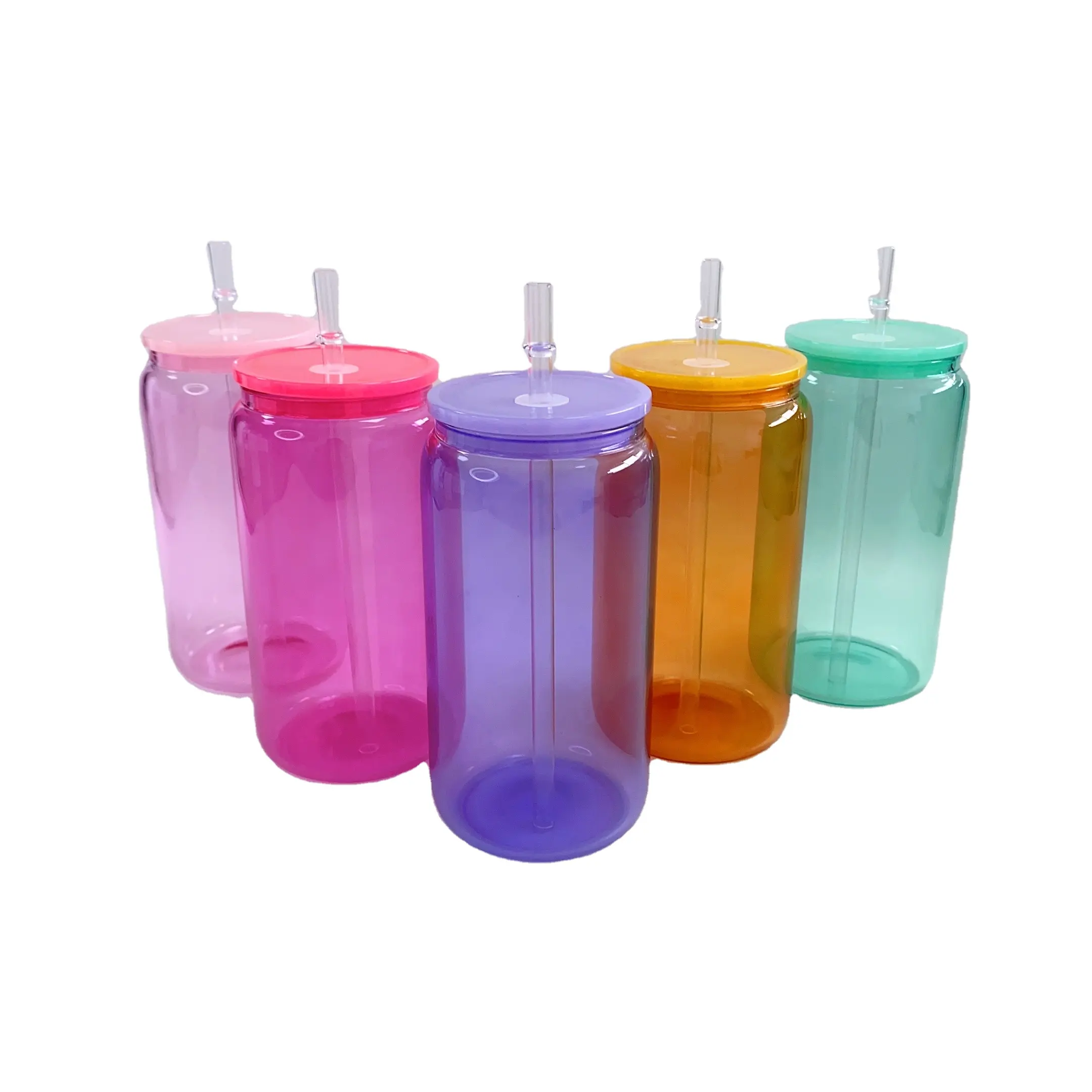 미국 창고 재고 16 온스 빈 승화 젤리 컬러 캔 유리 UV DTF 스티커에 대 한 다채로운 플라스틱 뚜껑