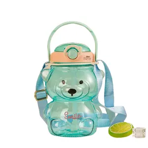 Lovely Teddy Bears Shape Water Bottle With Straw Portable Plastic Cup Large Capacity 1L Capacity For Summer Girlish Feeling