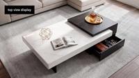 Table basse moderne et élégante noire et blanche avec comptoirs en pierre durables et armoires de rangement en bois, design écologique