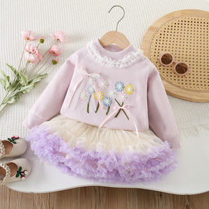 Vêtements pour bébé Automne et Hiver : Ensemble <span class=keywords><strong>pull</strong></span> tricoté à fleurs élégant avec nœud et jupe en <span class=keywords><strong>maille</strong></span>, deux pièces, Vente chaude - Product Image 5