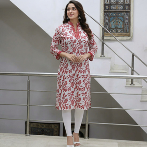 Women Red Floral Printed Cotton Kurti Mandrin Collar Straight Kurta Ethnic Casual Wear Tunic <b>Top</b> <b>Indian</b> Ladies Dress Wholesale - Product Image 1