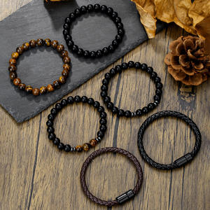 Hip Hop Punk boncuklu erkek bilezik yığılmış siyah akik kaplan gözü deri manyetik toka bilezik ile Set - Product Image 4