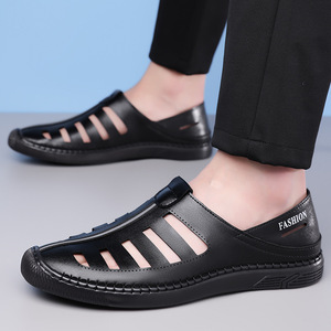 White Breathable Hollow-Out Leather Sandals Flat Slip-On Men's Casual Driving Shoes - Product Image 4