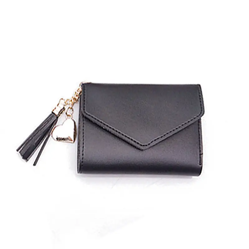 Cute Girls Mini Tassel Loving Heart Pendant Bag Short Leather Card Bag Wallet For Women