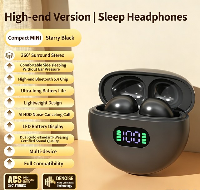 Soft Silicone TWS 5.4 Sleeping Headphones Noise Cancellation Digital Mini In-Ear Sports & Gaming Earbud With Digital Display