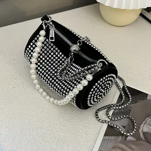 Personalized Design Bling Rhinestone Womens Sparkle Evening Clutch Bag Chain Shoulder Handbag With Pearl