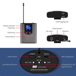 Microphone sans fil professionnel UHF avec <span class=keywords><strong>casque</strong></span>, <span class=keywords><strong>micro</strong></span>-cravate et émetteur de poche, 32 canaux UHF, réduction de bruit, léger - Product Image 2