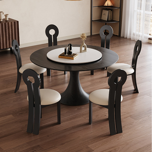 Juego de comedor redondo contemporáneo con <span class=keywords><strong>Lazy</strong></span> <span class=keywords><strong>Susan</strong></span> giratorio, base de pedestal de madera maciza y sillas acolchadas para espacios de vida elegantes - Product Image 4
