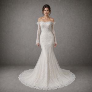 Vestido de Novia Personalizable sin Tirantes, Manga Larga, Estilo Sirena/Trompeta, con <span class=keywords><strong>Flores</strong></span>, Cola de Capilla, Largo hasta el Suelo, en Tela de Satén y Chifón, OEM - Product Image 1