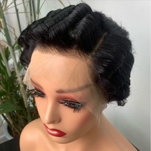 Perruque Lace Front <span class=keywords><strong>13</strong></span>*4 pour cheveux courts bouclés style elfe, entièrement tissée à la main, peut être permanentée et teinte, origine Henan - Product Image 4