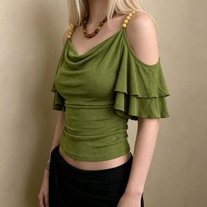 Blusa Casual Verde Y2K para Mujer, Estilo Vintage, con Hombros Descubiertos, Cuello Drapeado, Tirantes con Cuentas, Manga con Volantes, Corte Ajustado y Corto - Product Image 2