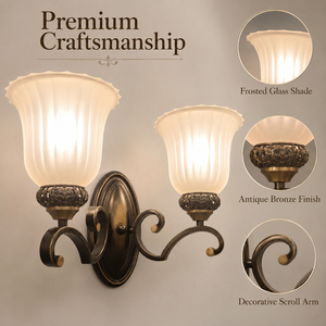 Vintage Double <b>Wall</b> <b>Sconce</b> Antique Bronze <b>Wall</b> <b>Light</b> with Frosted Glass Shade E27 Decorative <b>Wall</b> Lamp for Bedroom Hallway Hotel - Product Image 5