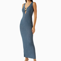 Robe maxi sans manches en tricot côtelé bleu ardoise pour femmes, élégante et tendance, fabriquée sur mesure par Wisrise, avec des accents dorés