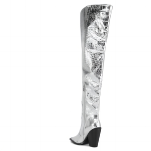 Women Silver Animal Prints Custom Styles Over Knee High <b>Boots</b> Ladies Middle Wedge Heels Shoes Metal Pointed Toe Long Booties - Product Image 5