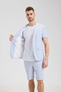 Completo Estivo da <span class=keywords><strong>Uomo</strong></span> in Misto Lino Traspirante, <span class=keywords><strong>Blazer</strong></span> a Maniche Corte e Pantaloncini, Set 2 Pezzi <span class=keywords><strong>Azzurro</strong></span>, Abito Casual Formale - Product Image 2