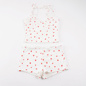 Conjunto de Camisola con Cuello en V y Estampado de Fresas para Mujer, con Pantalones Cortos de Cintura Alta, con Detalles de Encaje, Conjunto de 2 Piezas Informal y Bonito para Estar en Casa - Product Image 6