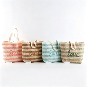 Customized Pink <b>cream</b> striped knit <b>handbag</b>, Basic embroidery knit tote, Soft textured knit tote bag, Pastel knit top handle bag - Product Image 4