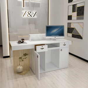 Mostrador de Recepción de Madera Moderno y Lujoso en Oferta, con Marco de Acero Inoxidable Dorado, Mostrador de Recepción Comercial para Salón de Belleza y Spa - Product Image 3