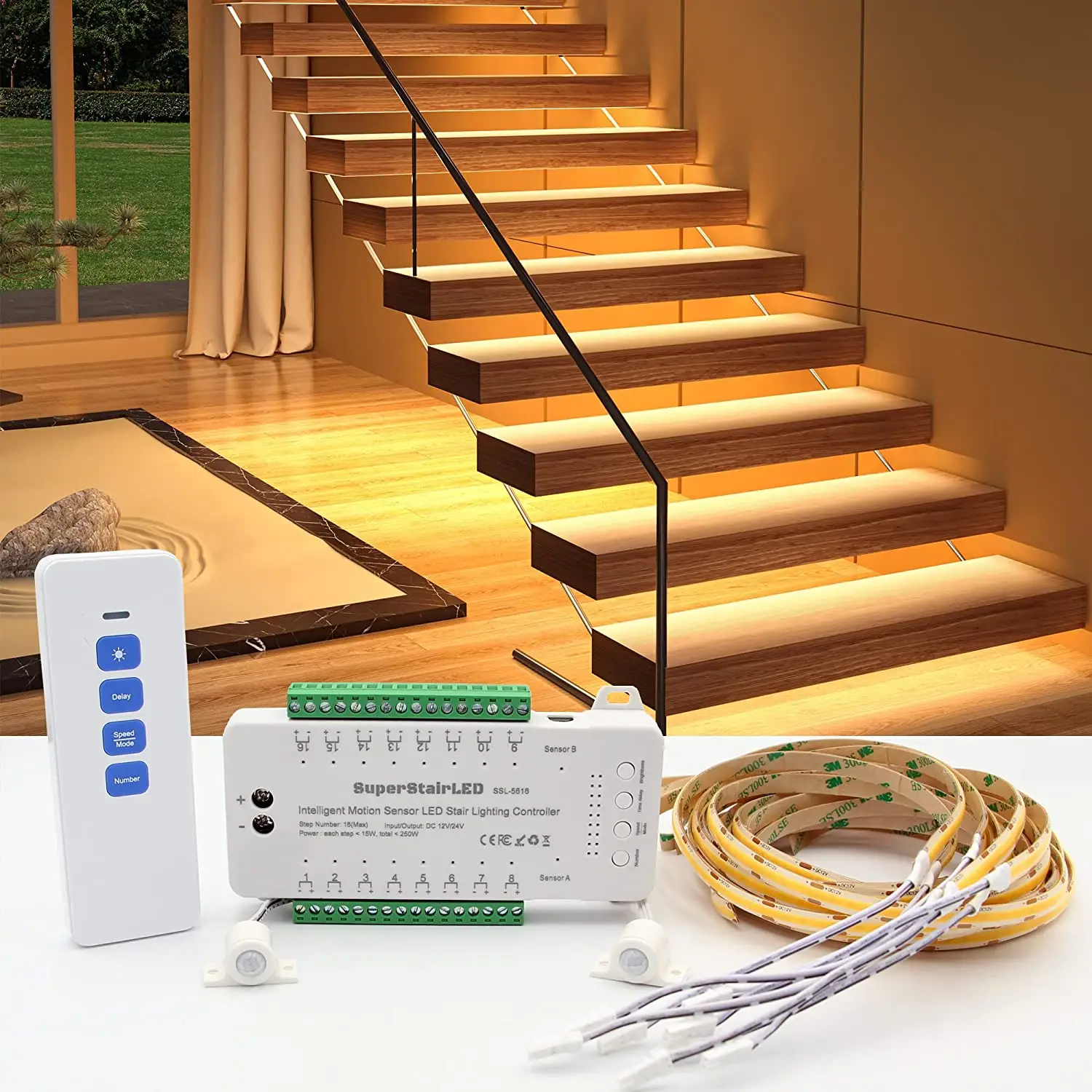 StairLED-Tira de luces LED con Sensor de movimiento inteligente, juego completo de luces de escalera para interior