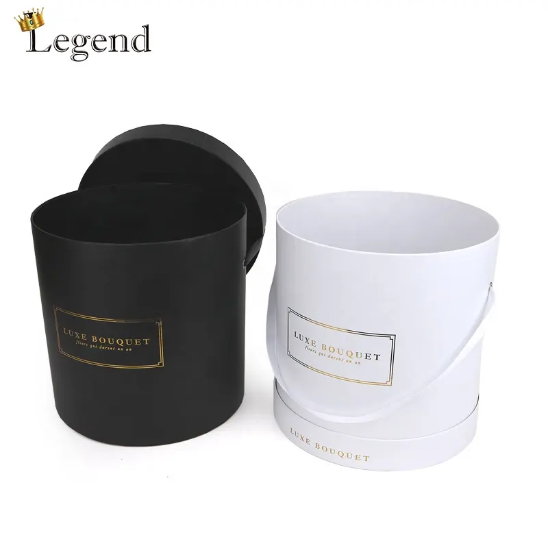 Popular Design Black and White Rose Round Packaging Cylinder Cardboard Rope Handles Luxury Flower Boxes for Bouquets