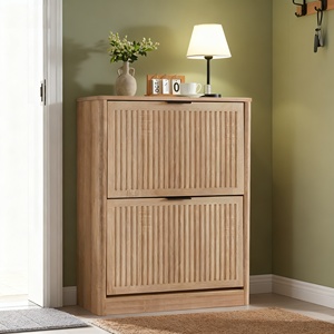 Gabinete de madera para ahorrar espacio de madera abatible hacia arriba Delgado acanalado para almacenamiento de zapatos de entrada con 2 puertas inclinables con capacidad para 16 a 24 pares - Product Image 4