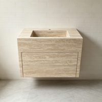 Meuble-lavabo de luxe en pierre naturelle travertin et marbre avec tiroirs et vasque intégrée, pour salle de bain, coiffeuse et évier de cuisine