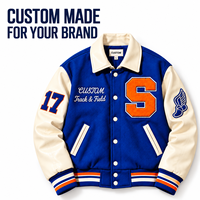 Veste de baseball bleue OEM pour homme avec patchs lettres et numéros en chenille sur le devant, manches en laine et cuir, étiquette personnalisée d'usine OEM