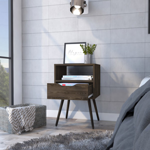 Otom Nightstand Dark Walnut One <b>Drawer</b> Open Shelf Four Legs <b>Storage</b> <b>Drawer</b> Bedroom Furniture - Product Image 5