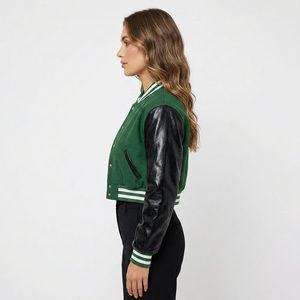 Chaqueta Varsity Verde de Punto con Mangas de Cuero Vacuno, Cuello Camisero, Chaqueta Bomber para Mujer, Ropa de Otoño con Rayas - Product Image 3