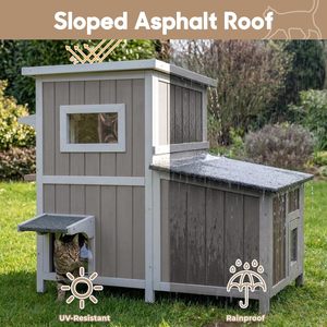 Outdoor House for 2-3 <b>Small</b> Cats 2-Story Weatherproof Fir Wood PVC Feeding Station Openable Roof 3 Rooms - Product Image 3