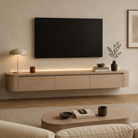 Meuble TV flottant en chêne aux coins arrondis avec bande LED, support mural pour téléviseur, console de salon sur mesure