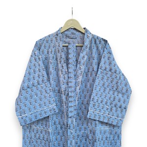 ชุดกิโมโนผ้าฝ้ายลายดอกไม้สีฟ้า พิมพ์ลายบล็อกอินเดีย ชุดลำลองเนื้อนุ่ม ระบายอากาศได้ดี เหมาะสำหรับฤดูร้อน ราคาขายส่ง - Product Image 4