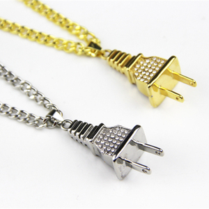 ZRM Fashion Jewelry Zinc Alloy Classic Crystal Charm Gold and Silver <strong>Plug</strong> Pendant Necklace with Link <strong>Chain</strong> for Men and Women - Product Image 1