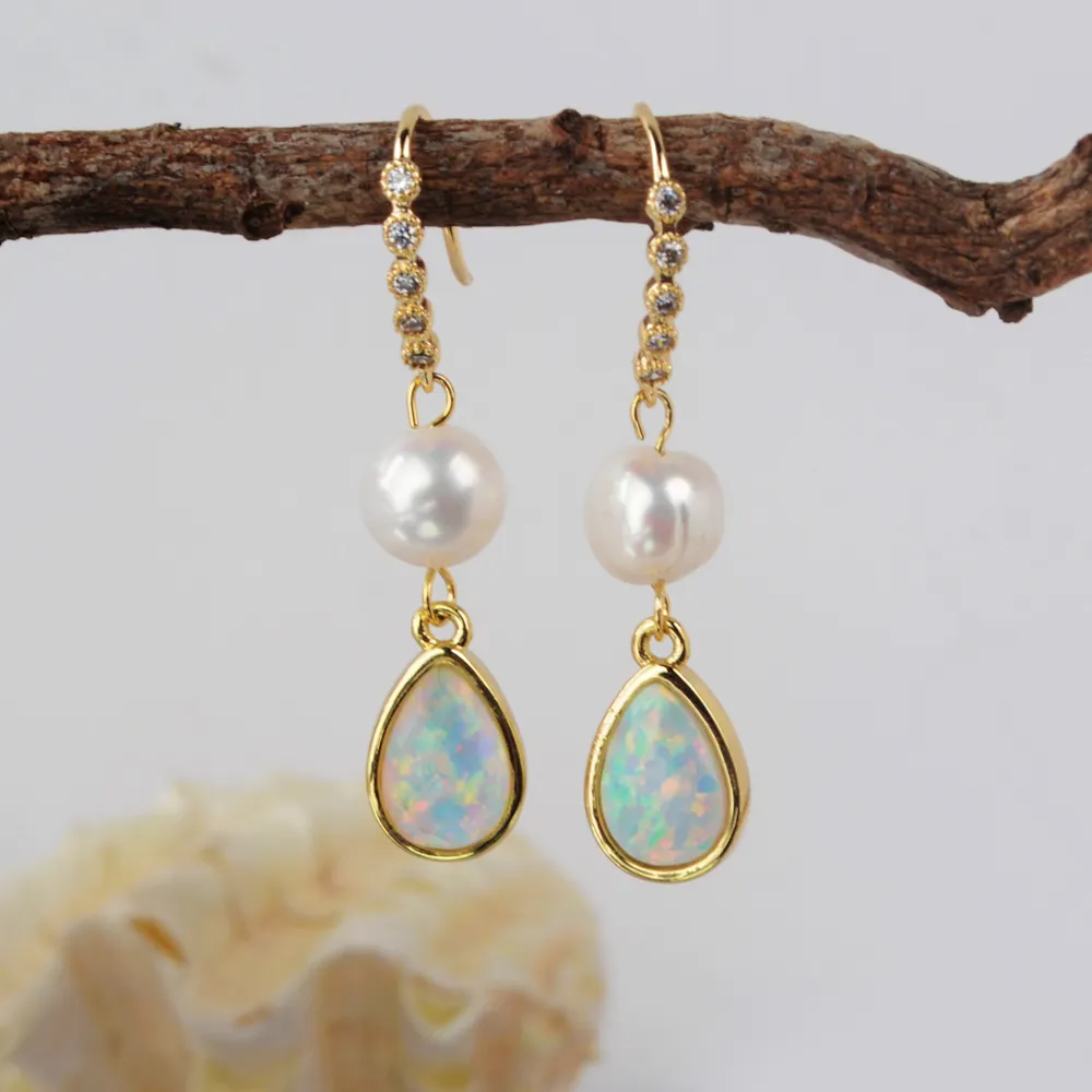 HD0190 Gold überzogene frauen natürliche barocke perle und Opal braut haken ohrring süßwasser perle ohrringe